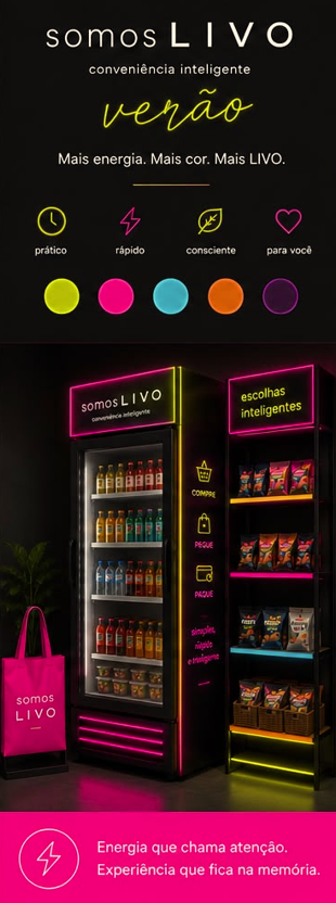 Somos LIVO Linha Verão — Conveniência autônoma colorida com design neon vibrante